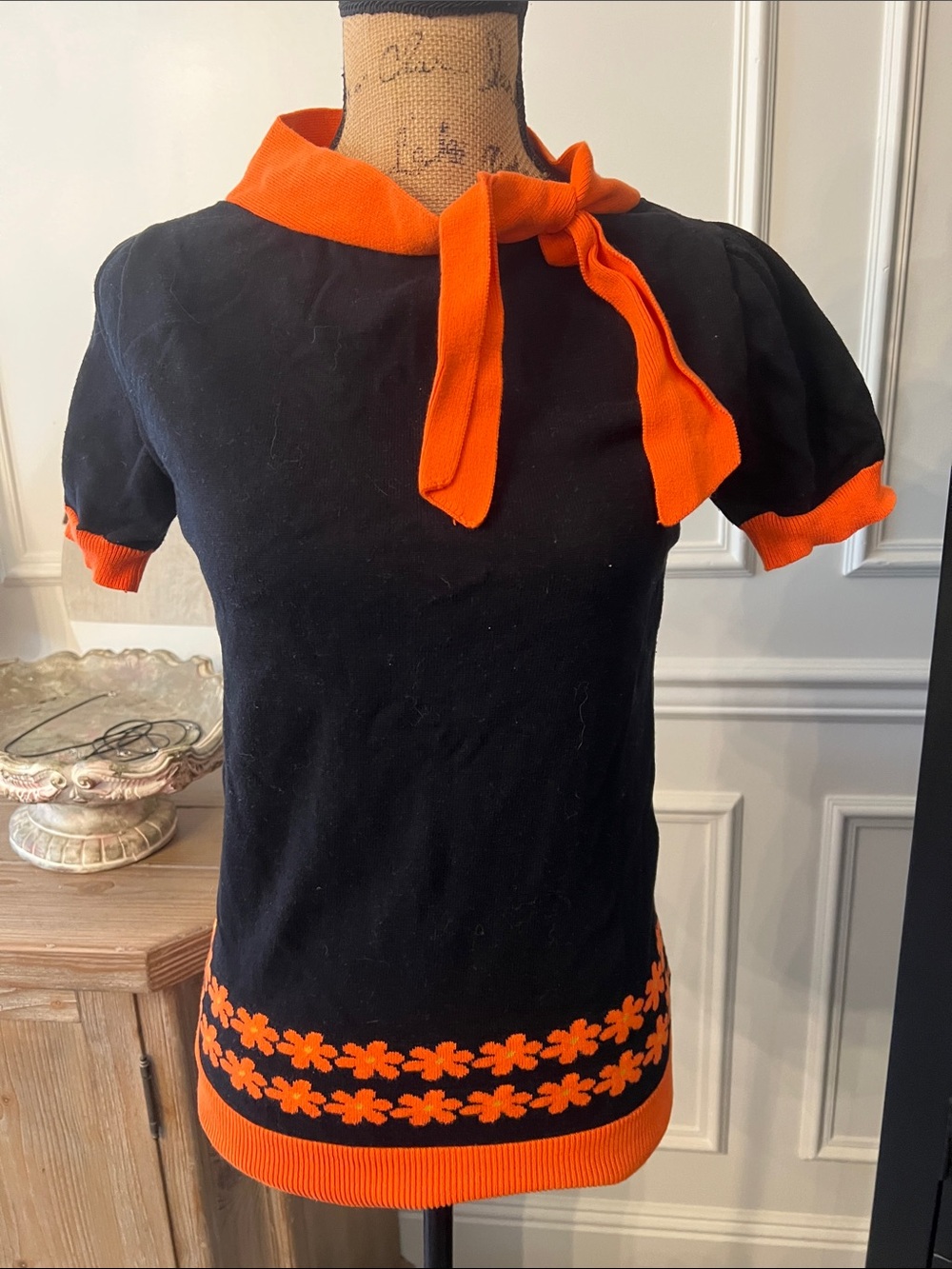 Black & Orange Short Sleeve Knit Top with Bow Collar